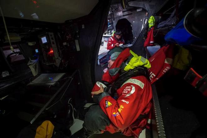Onboard Dongfeng Race Team - Kevin Escoffier and Jiru Yang 'Wolf' grab a quick lunch between two gybes - Leg five to Itajai -  Volvo Ocean Race 2015 © Yann Riou / Dongfeng Race Team